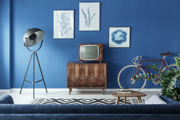 TV, bike and lamp in living room