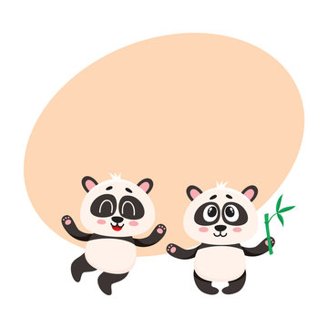 Two cute, funny happy baby panda characters standing, looking up, cartoon vector illustration with space for text. Couple of cute little panda bear characters, mascots with paws raised up
