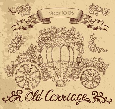 Vintage graphic illustration with old carriage decorated with flowers