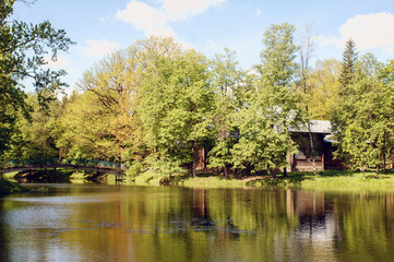 Fototapeta premium House in the forest on the bank of the fast river