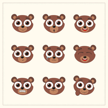 Set funny teddy bear different emotion. Collection emoticons of cartoon teddy bear isolated.
