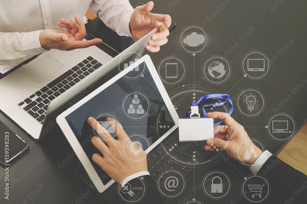 Aufkleber co working team meeting concept,businessman using smart phone and digital tablet and laptop computer and name tag in modern office