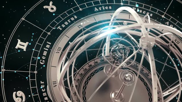 Zodiac Signs and Armillary Sphere On Black Background. Seamless Looped. 3D Animation.