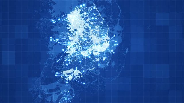 Blue South Korea Map Network Rollback. Animated South Korea map with grid,animated networks between main directions and visual effects.