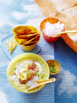High angle view of Chinese Mango Sago pudding and accompaniments