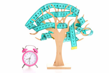 Clock and decorative wooden tree with cyan tape for measuring