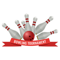 Bowling tournament logo design of strike made by ten-pin ball