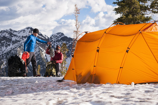 Camp on climbing trip up Pfeifferhorn, Maybird Basin, Lone Peak Wilderness, Wasatch Mountains, Utah, USA