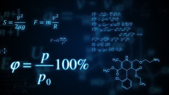 Glowing mathematical, physical and chemical formulas. Illustration