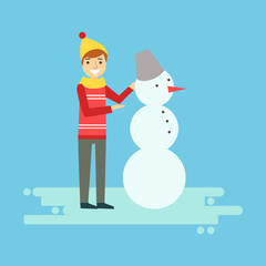 Smiling boy making a snowman. Winter activity colorful character vector Illustration