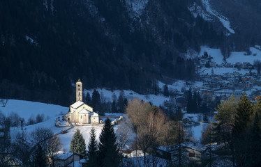 Winter landscape with the church of Prato Leventina