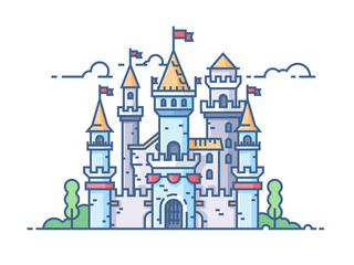 Medieval stone castle with gate towers and flags. Vector illustration