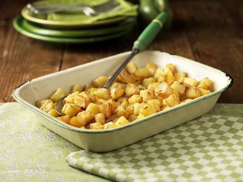 Parmentier potatoes in vintage roasting tin