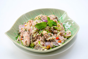 spicy mackerel salad with mix fresh vegetable, thai food.