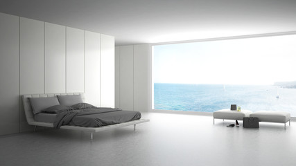 Obraz na płótnie Canvas Minimalist bedroom with big window on sea panorama, white interior design