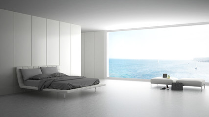 Minimalist bedroom with big window on sea panorama, white interior design