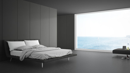 Minimalist bedroom with big window on sea panorama, white and gray interior design