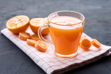 Fresh-squeezed carrot juice Healthy carrot juice Glass of tasty vegetables juice Detox juice