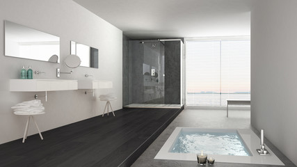 Minimalist white and gray bathroom with bath tub and panoramic window, classic interior design