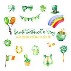Saint Patrick's Day Hand painted watercolor Clip art, Irish holiday, clover, luck, horse shoe, doughnut, coins, pot of gold, gold, irish flag, beer, rainbow, bow, balloons, hat, candy, green    