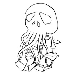 Outline abstract art of the skull on white background.
