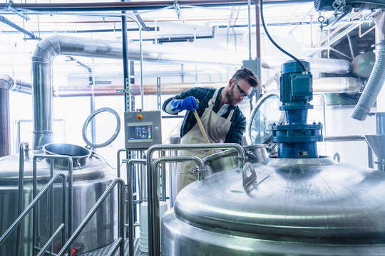 Young man in brewery wearing apron and protective gloves testing beer in tank