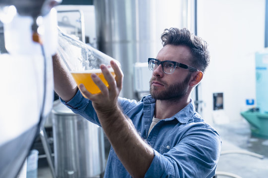 Young man in brewery filling flask with beer