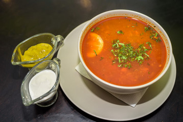 Red vegetable soup in restaurant