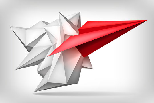 Volume geometric shape, red paper airplane inside, 3d origami crystal, creative low polygons object, vector design form