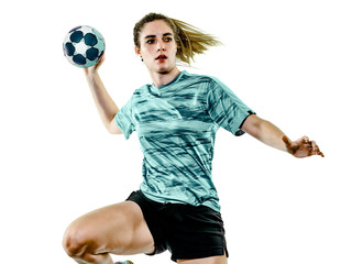 one caucasian young teenager girl woman playing Handball player isolated on white background