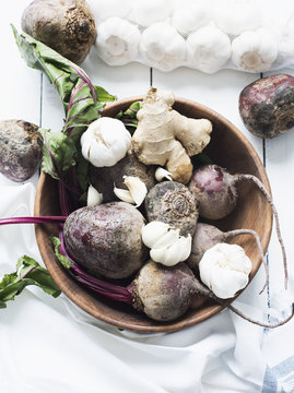 Bowl of garlic, beetroot and ginger