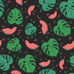 Naadloos vectorpatroon met sappige watermeloenen en monsterabladeren