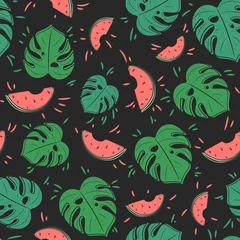 Wallpaper murals Watermelon Seamless vector pattern with juicy watermelons and monstera leaves