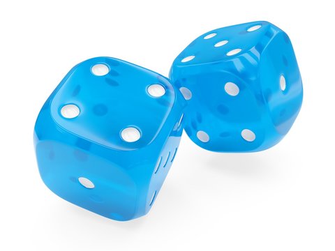 3d rendering two blue glass rolling dices isolated on white background