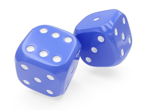 3d rendering two bleu rolling dices isolated on white background