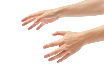Beautiful female hand stifling gesture. Isolated on white background