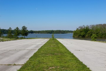 The view of the lake from the parking lot.