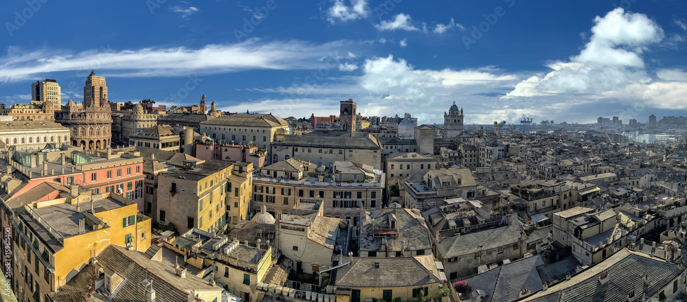 Wall mural genoa town cityscape panorama from the sea harbor