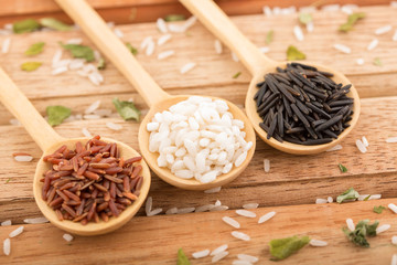 Three kinds of rice in Wood Spoons