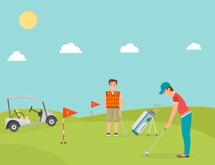 Vector stylized golf field hobby equipment collection cart golfer player sport symbols