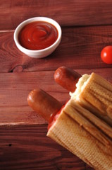 Two hot dogs with ketchup