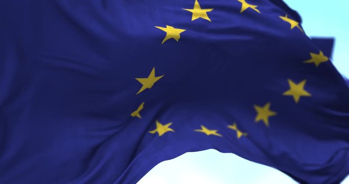 Close up Europe Union flag blowing in the wind, looped slowmotion, 4K