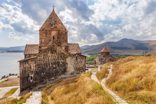 Scenic view of a Sevanavank Monastery in Sevan lake. The churches of Surp Arakelots and Surp Astvatsatsin. Armenia.
