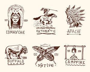 set of engraved vintage, hand drawn, old, labels or badges for indian or native american. buffalo, face with feathers, horse rider, apache or comanche, campfire and authentic.