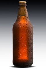 Brown wet Bottle of beer isolated on gradient background