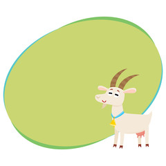 Farm goat with big eyes and horns, wearing bell, cartoon vector illustration with space for text. Cute and funny farm goat with friendly face and big eyes