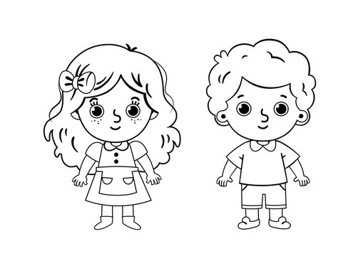Two Kids Coloring Page (Vector illustration for kids and painting activity.)