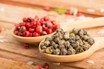 Green and Red Pepper in Wood Spoons