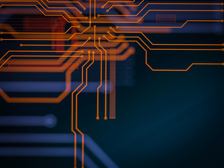 Circuit board futuristic server code processing. Orange, green, blue technology background with...