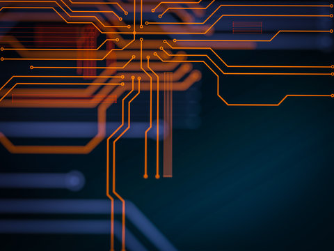 Circuit board futuristic server code processing. Orange, green, blue technology background with bokeh. 3d Illustration